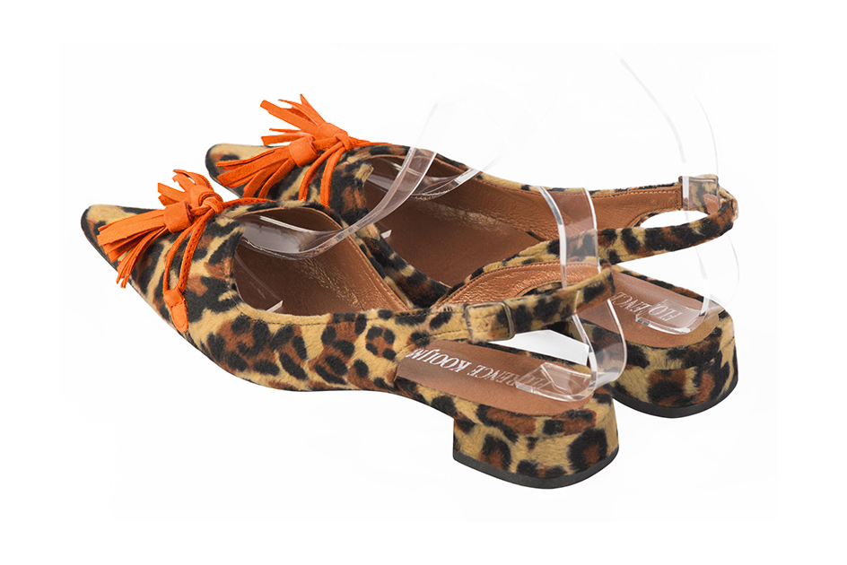 Women's animal print and clementine orange elegant slingback heels, with a bow on the front. Pointed toe. Flat flare heels - Rear view